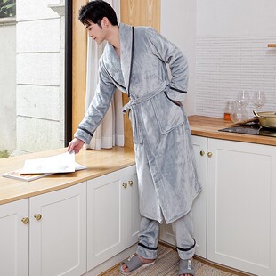 法兰绒长袍新款 男士 秋冬睡衣 加厚加绒睡袍冬长款 浴袍男珊瑚绒冬季