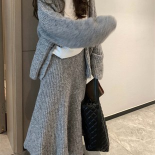 宽松针织套装女冬2024开衫毛衣松紧高腰毛线长裙套装阔腿裤两件套