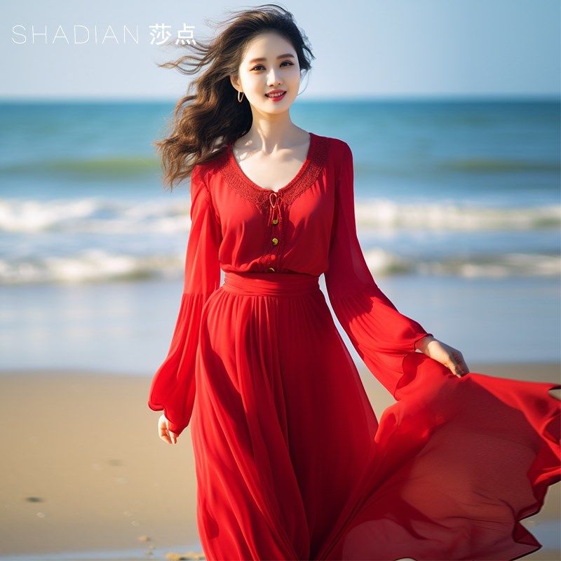 夏季连衣裙长袖过膝长款大摆裙海边旅游度假沙滩群沙漠拍照雪纺裙