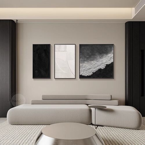 黑白抽象客厅装饰画肌理海浪艺术三联挂画高级感沙发背景墙壁画