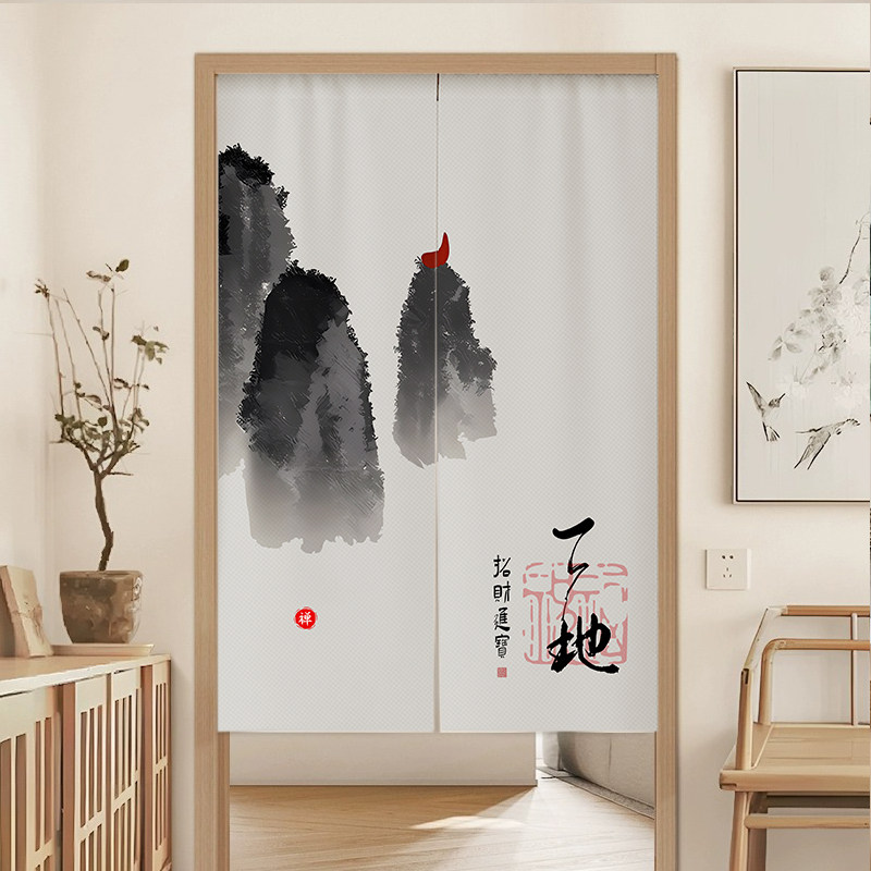 新中式水墨门帘隔断帘家用厨房半截帘卫生间遮丑遮挡布帘厕所挂帘