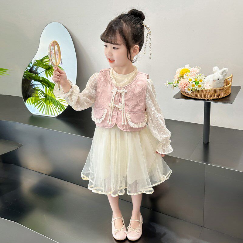 女宝宝连衣裙2024新款春秋新中式国风女童粉粉套装公主裙子春装
