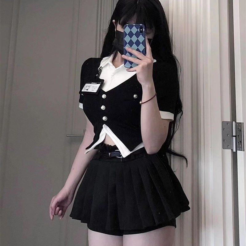 大码胖MM学院风jk套装女假两件短款衬衫夏季高腰百褶短裤裙两件套