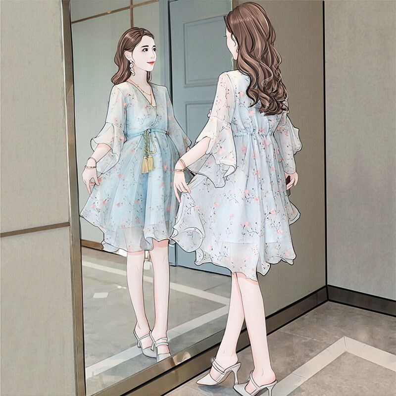 高档雪纺】连衣裙女夏2025新款V领收腰显瘦荷叶边喇叭袖碎花裙