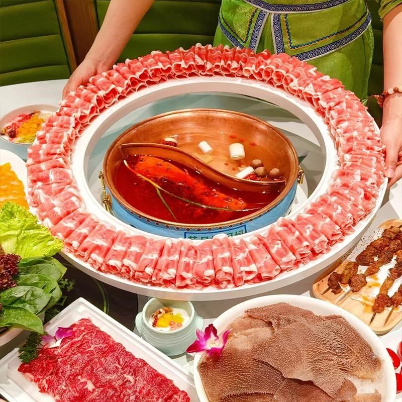 创意火锅呼啦圈肥牛卷羊肉盘网红特色密胺餐具铜锅涮肉围脖大圆盘
