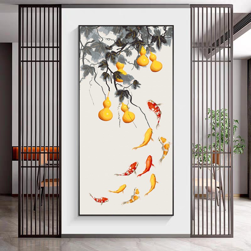 竖版五福临门玄关画DIY数字油画九鱼图新中式客厅福禄葫芦装饰画