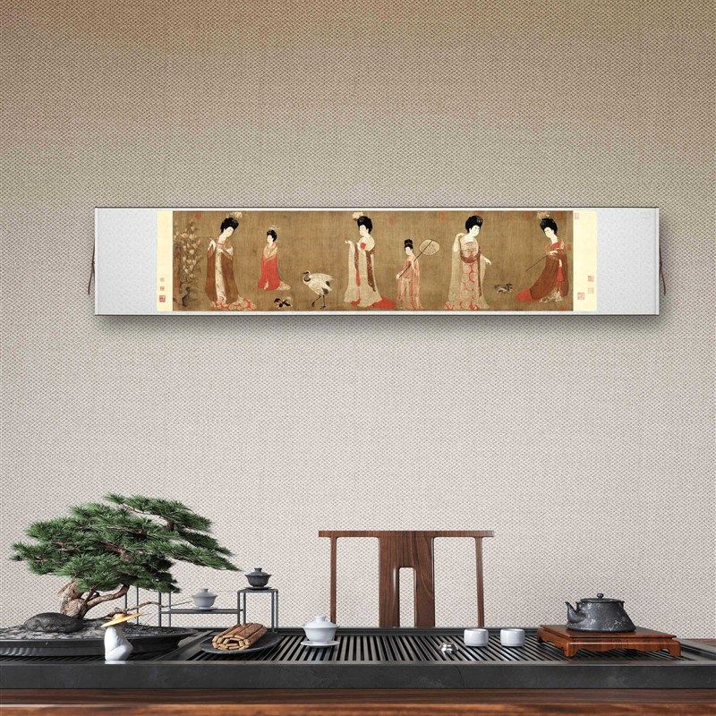 唐 周昉《簪花仕女画》客厅书房茶室装饰画挂画玄关高清卷轴字画