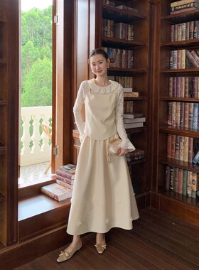 XXNING 法式复古花朵装饰半裙马甲套装女2024秋季简约气质两件套