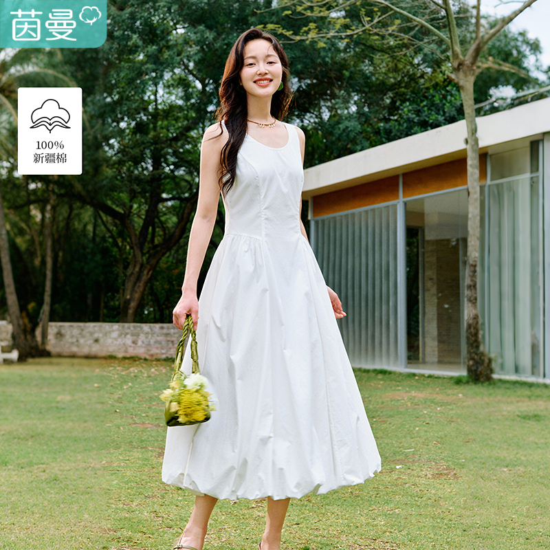 茵曼欧若风花苞无袖连衣裙2025夏季女装新款宽松收腰a字背心裙