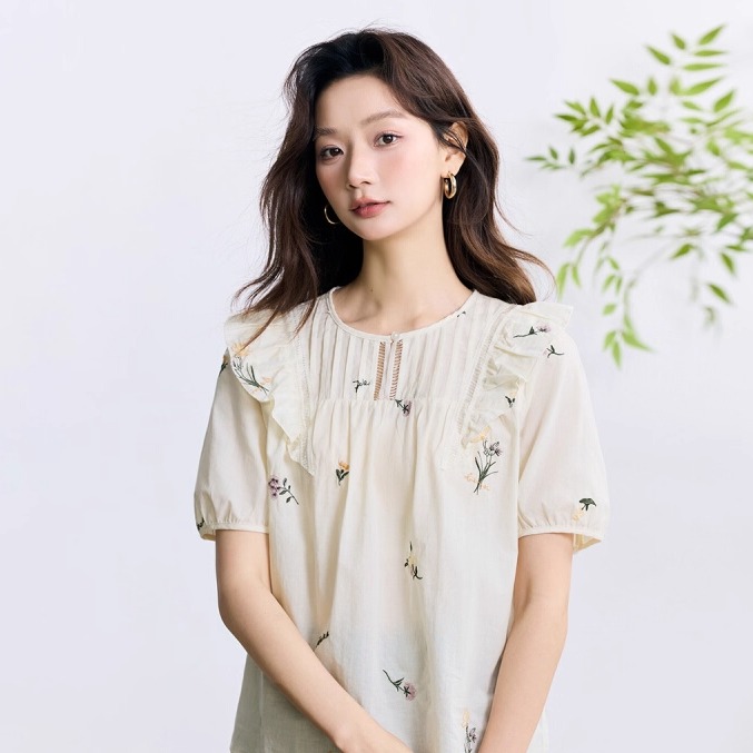 茵曼纯棉法式荷叶边短袖衬衫女2025夏季田园绣花舒适气质薄款衬衣