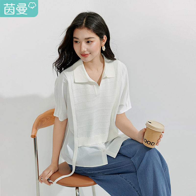 【商场同款】茵曼休闲假两件针织衫2025夏季女装新款通勤短袖上衣