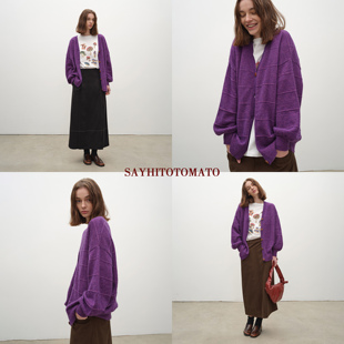 毛衣 马海毛羊毛横立体缝落肩针织开衫 Sayhitotomato 紫夜蓝莓