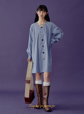 Sayhitotomato不规则扣子设计复古百搭通勤棉肌理宽松中长衬衫裙
