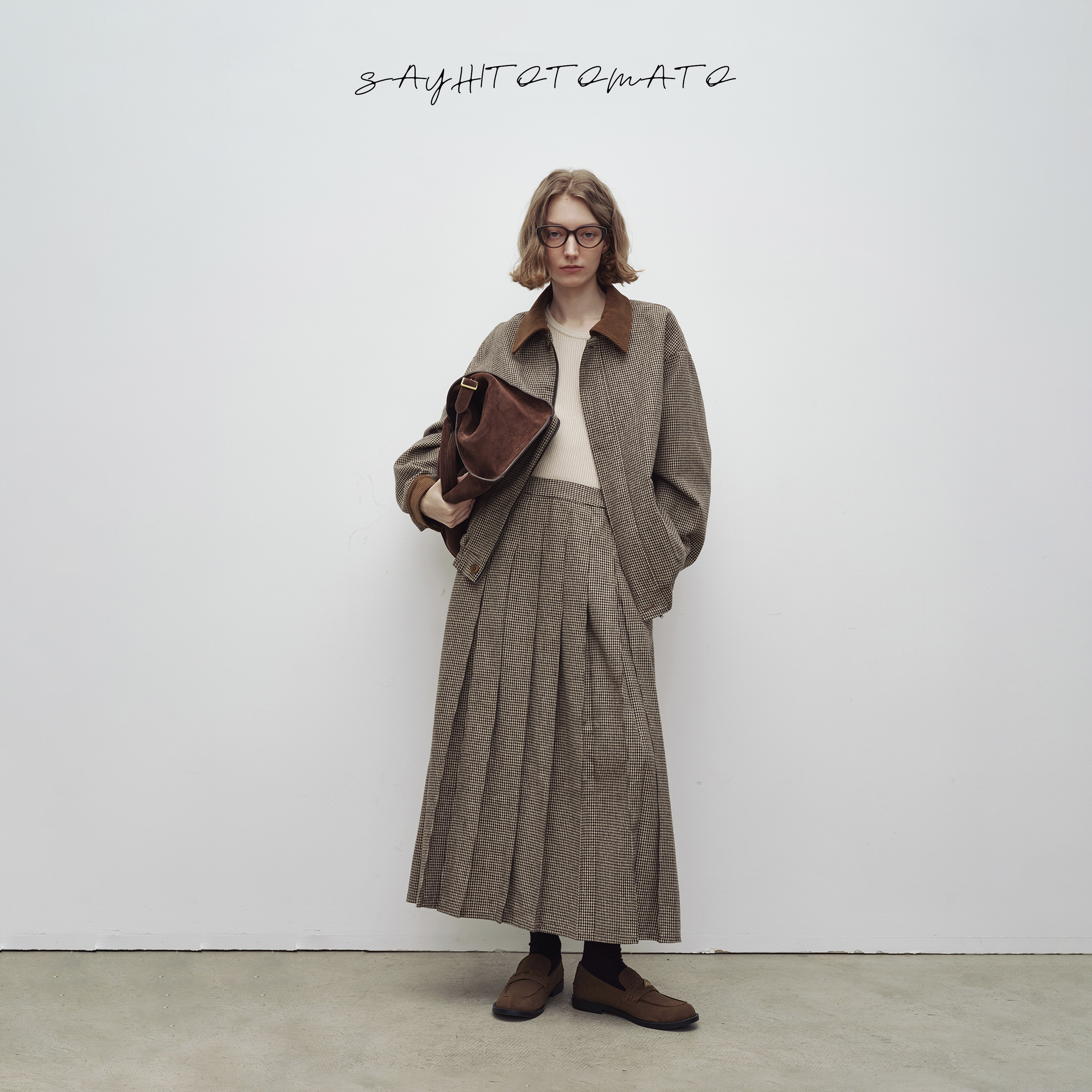 Sayhitotomato【小格纹套装】拼灯芯绒工装休闲宽松外套百褶半裙