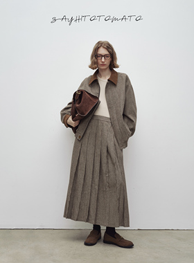Sayhitotomato【小格纹套装】拼灯芯绒工装休闲宽松外套百褶半裙
