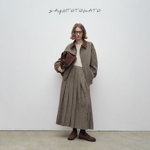 休闲宽松外套百褶半裙 拼灯芯绒工装 Sayhitotomato 小格纹套装