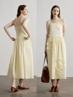 Sayhitotomato立体花朵后背松紧两穿抹胸收腰吊带连衣裙