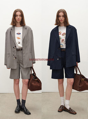 Sayhitotomato【不想脱掉】手工虚线装饰牛角扣精仿中裤西装套装