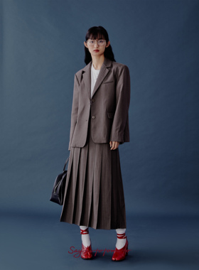 Sayhitotomato复古羊毛基础版型薄垫肩通勤咖色条纹外套西装