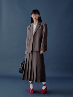 Sayhitotomato复古羊毛基础版 型薄垫肩通勤咖色条纹外套西装