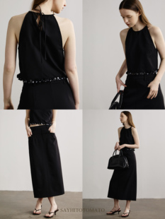 Sayhitotomato手工亮片度假风挂脖吊带上衣显瘦半裙套装