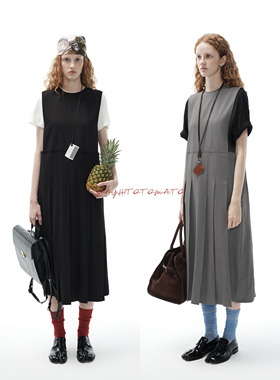 Sayhitotomato复古英伦学院秋冬含羊毛叠穿背心A字毛边百褶连衣裙