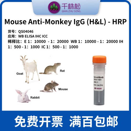 Mouse Anti-Monkey IgG (H&L) - HRP，二抗，WB/ELISA/IHC 高浓度