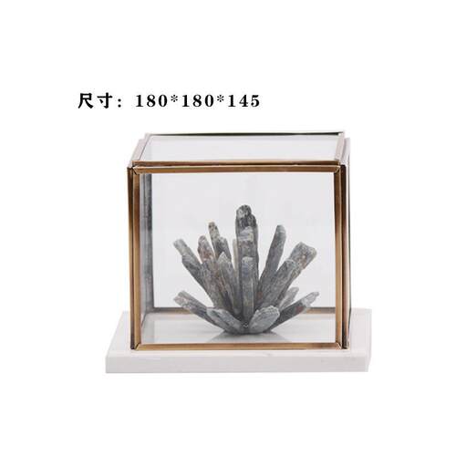 现代新中式透明玻璃罩大理石晶石花摆件客厅茶几博古架书柜艺术品