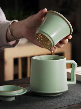 汝窑天青办杯带手人柄个杯8562大容量茶水分离隔层手随泡茶公杯