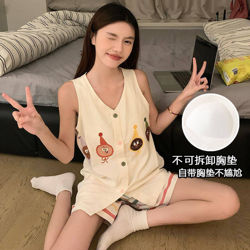 夏季睡衣女款背心带胸垫短袖短裤高级感新款夏天家居服可外穿套装