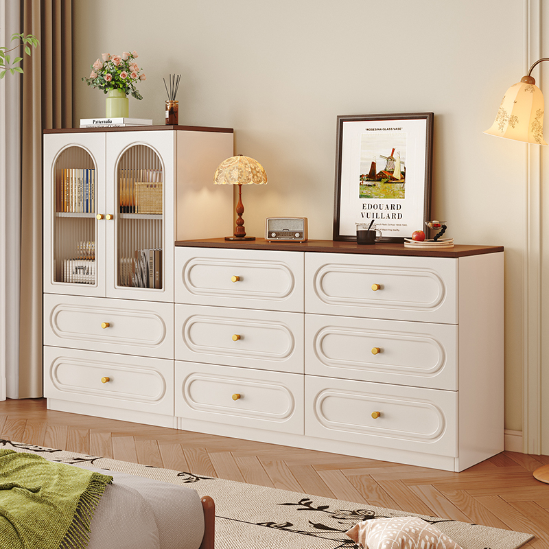 实木斗柜法式复古组合柜奶油风卧室床尾柜收纳柜落地小书柜抽屉柜