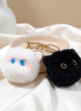 卡通公仔腮红猫咪挂件毛绒钥匙扣 可爱少女心猫咪毛绒球书包挂饰