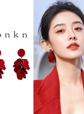 红色花朵流苏耳环女2026新款爆款高级耳坠巨好看独特漂亮精致耳饰