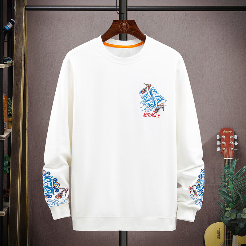 长袖t恤男刺绣中国风纯棉圆领