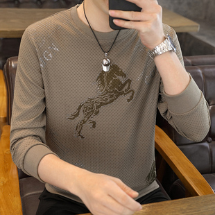 T恤薄款 2025男士 卫衣潮流烫钻印花战马长袖 秋季 外套上衣宽松 新款