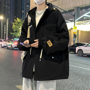 工装加绒加厚外套男春秋季青少年宽松大码夹克初中高中学生冲锋衣