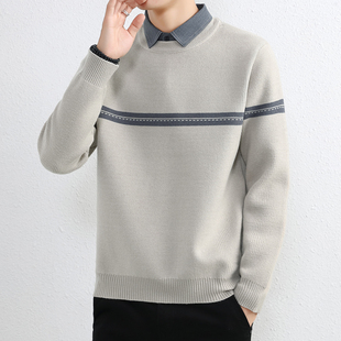 加厚高端潮牌打底针织衫 撞色假两件毛衣男士 新款 领线衣秋冬季 衬衫
