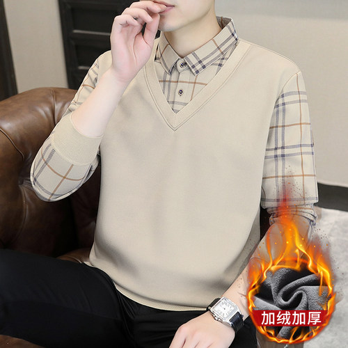 冬季新款男士加绒毛衣翻领休闲假两件衬衫领保暖长袖针织衫上衣