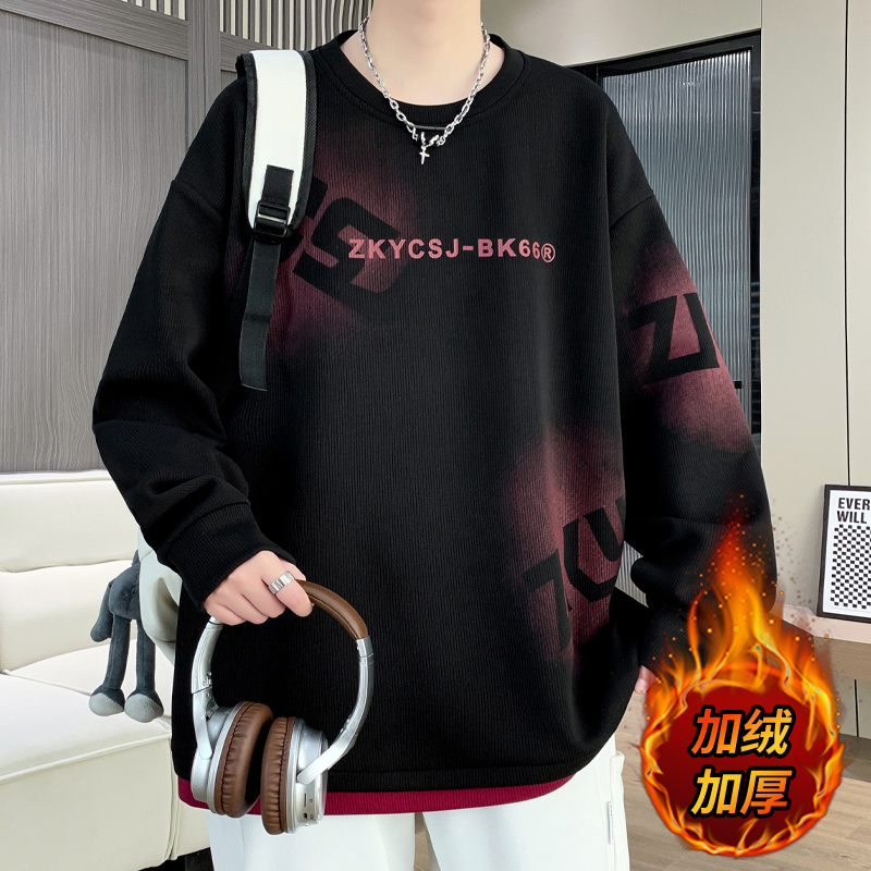 假两件加绒卫衣男秋冬款美