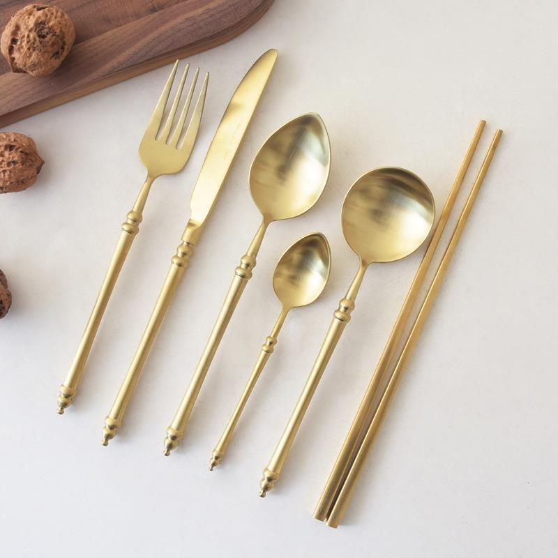 Knife Fork Spoon Set with Chopsticks Gold Bamboo Design