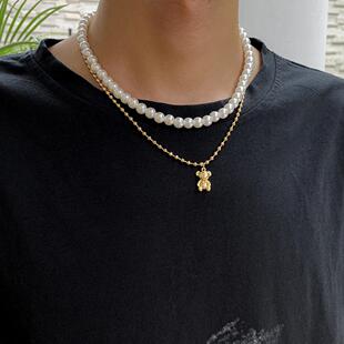 Creative Double Layer Pearl Bear Necklace Man Hip-Hop Simple