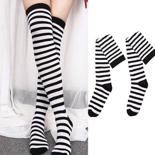 Black White Striped Long Stocking Women Warm Cotton Over The