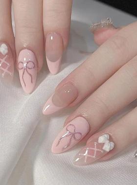 24Pcs Cute Pink Fake Nails Long Almond Press on Nails with B