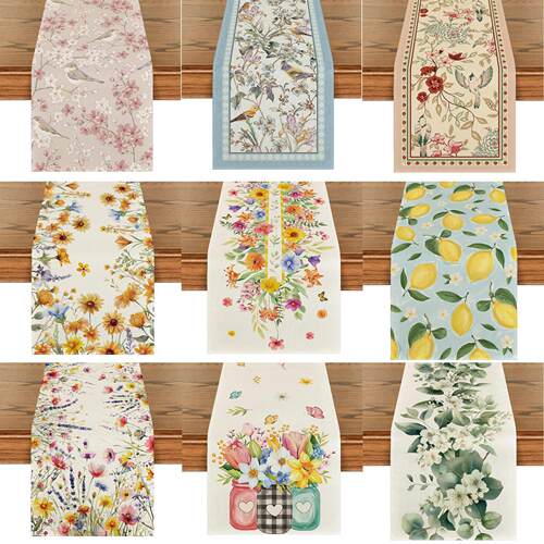Spring Lemons Flowers Linen Table Runner Holiday Party Decor