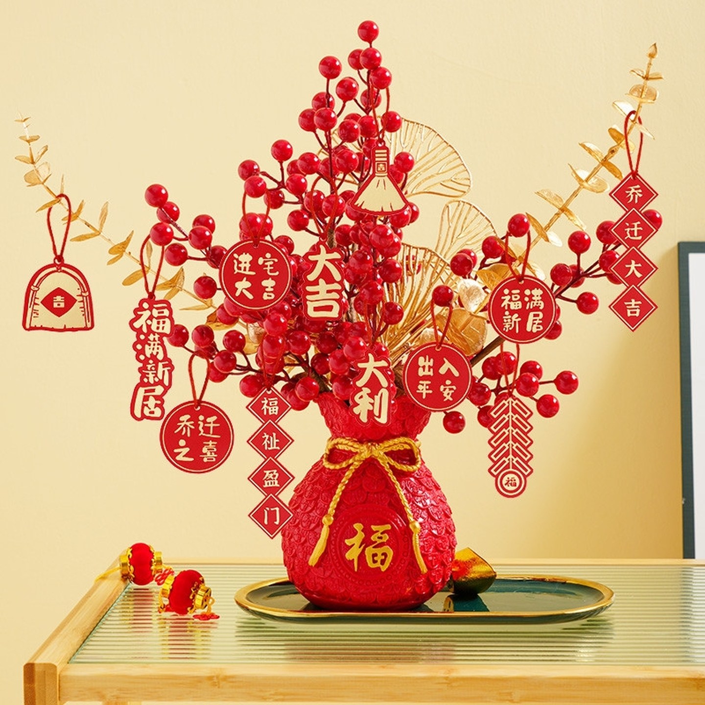 年宵花福桶插花仿真花摆件装饰品发财果假花乔迁过年花艺柜台摆设,饰品/流行首饰/时尚饰品新,摆件,淘宝优惠券,粉丝福利购,淘宝优惠卷