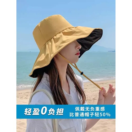 新款大帽檐黑胶渔夫帽遮阳防晒帽子遮脸防紫外线太阳帽女夏季登山