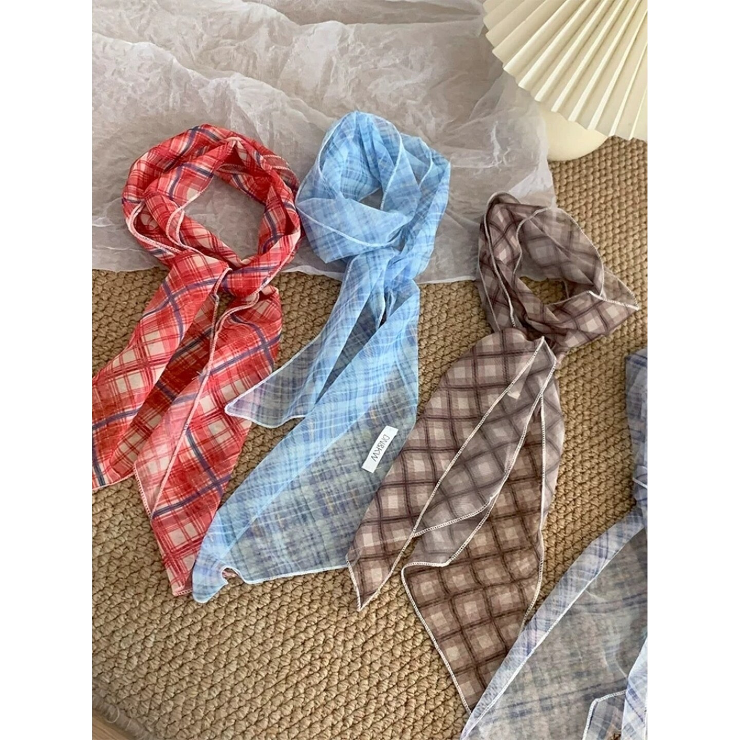 韩系格子碎花网纱丝巾女夏季薄款长条系脖领巾飘带配饰多功能发带