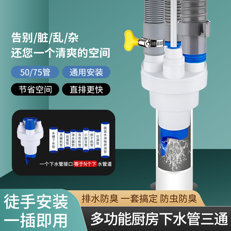 厨房洗菜盆下水管三通防返臭防虫水槽阳台洗衣机排水管集成