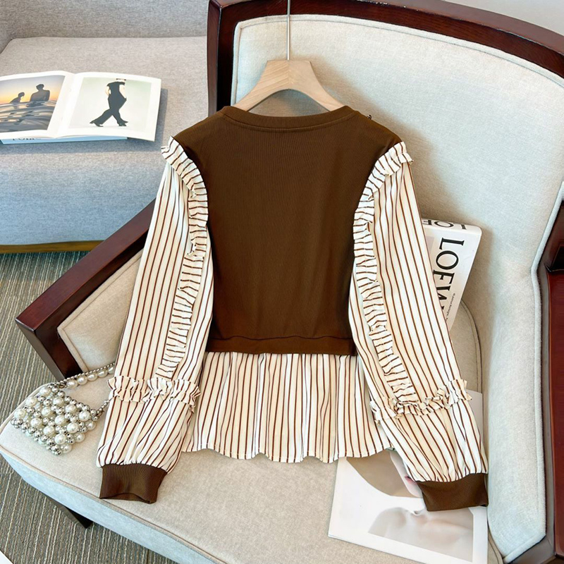 显瘦打底衫假两件拼接条纹衬衫女