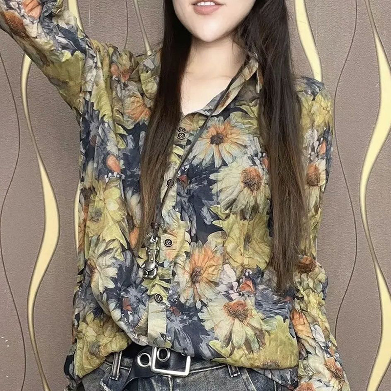 减龄碎花长袖衬衫女秋装新款上衣